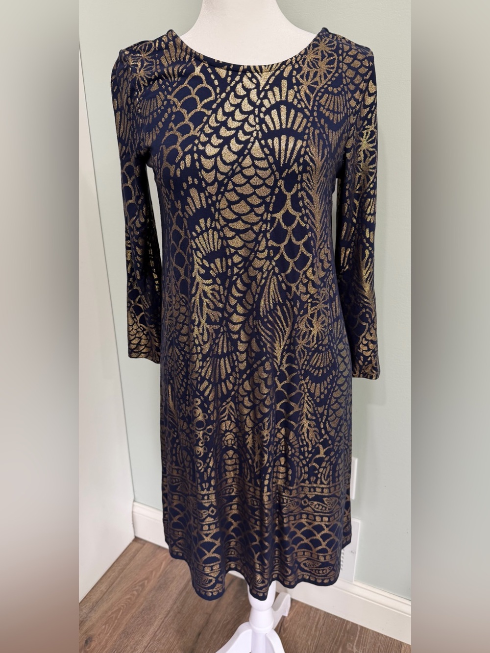 Lilly Pulitzer Ophelia Dress Navy Blue Gold Metallic Long Sleeve Size XS EUC